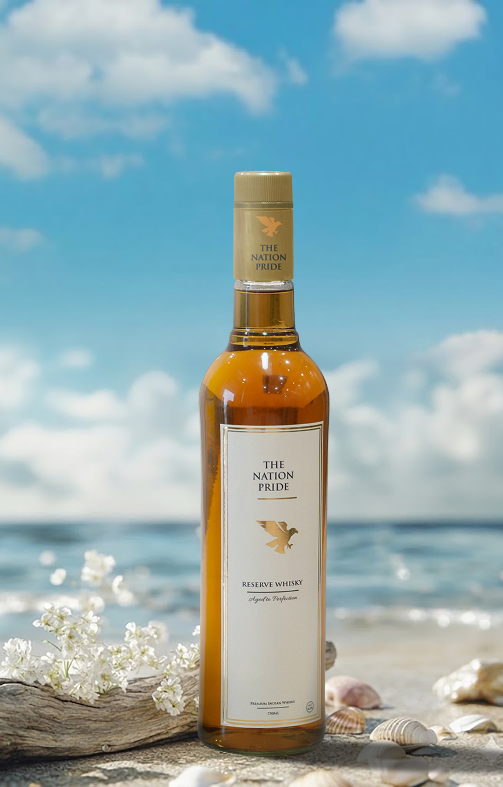 Top brand whisky bottle on wooden table