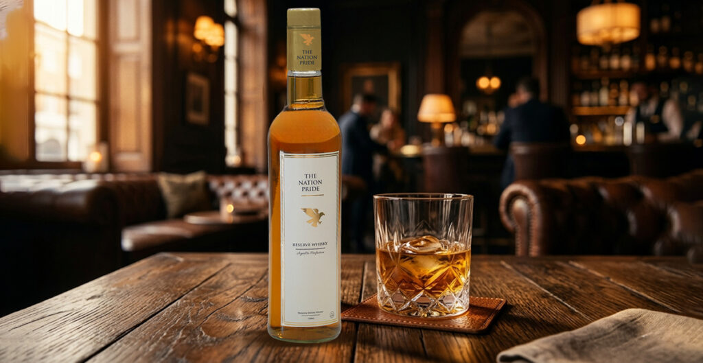 Premium bottle of The Nation Pride Whisky Brand with rich golden color in a glass