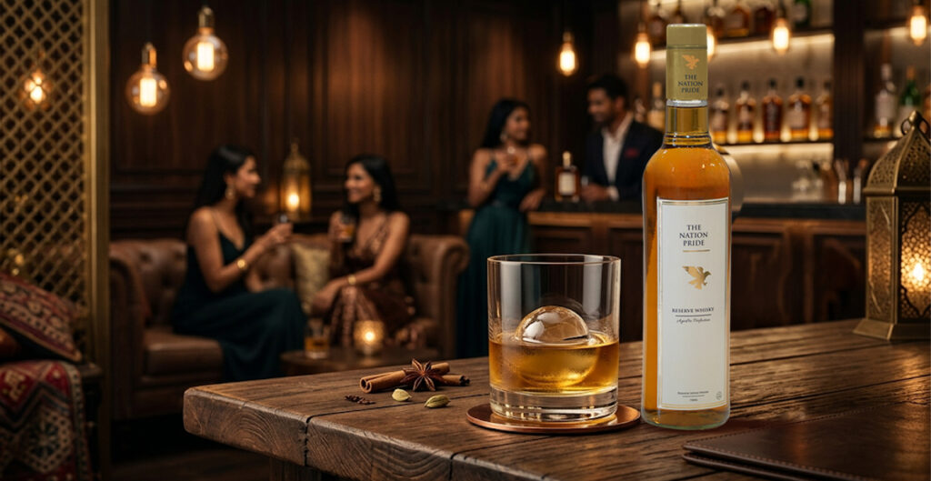 Close-up of The Nation Pride Whisky Brand label showing premium whisky branding