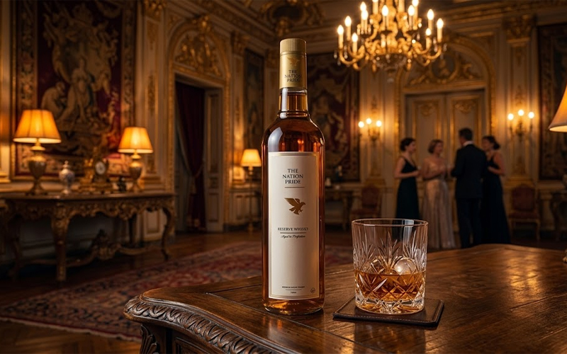 Luxury The Nation Pride Indian whisky bottle with classic presentation and rich golden tone