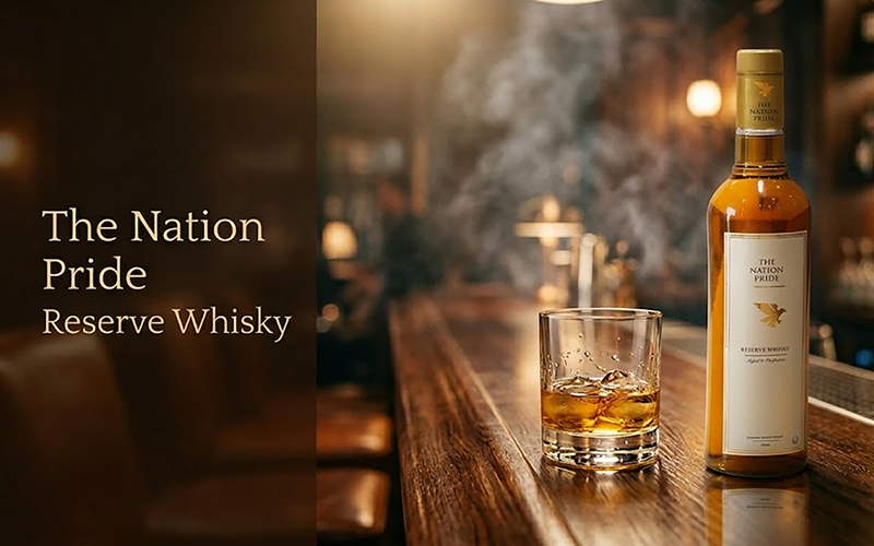 The Nation Pride Whisky served in crystal glass with ice cubes