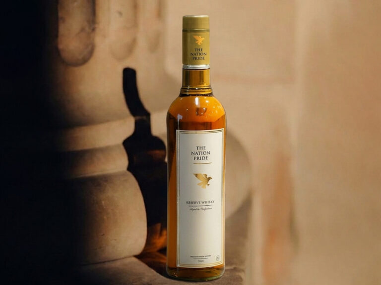 The Nation Pride Whisky with blurred background and warm lighting