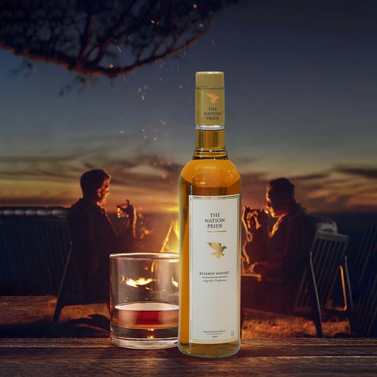 The Nation Pride Whisky bottle with dark background lighting