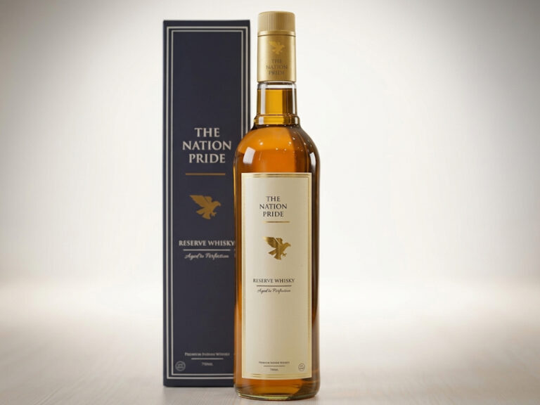 Premium bottle of The Nation Pride Whisky with golden liquid in a glass