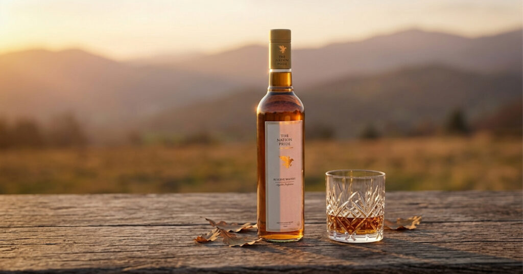 Bottle of The Nation Pride Whisky Classic Edition on a wooden bar counter with a glass of whisky poured beside it, highlighting amber color and premium branding.