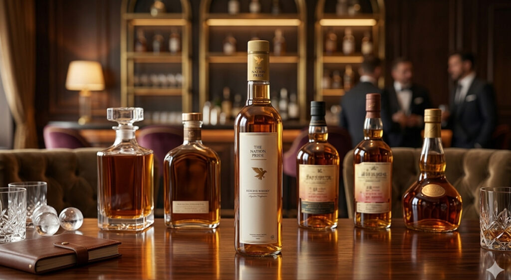 The Nation Pride whisky among top 10 whisky brands in India premium bottle display