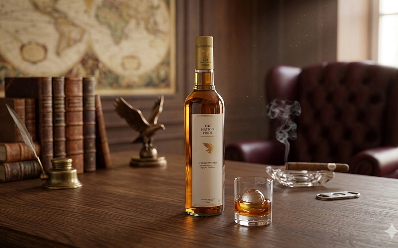 The Nation Pride Whisky Reserve Edition bottle elegantly placed with ice cubes and a soft spotlight, showcasing its rich golden hue and refined label.