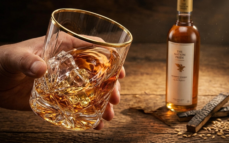 The Nation Pride whisky top 10 whisky brands in India with glass and golden liquid