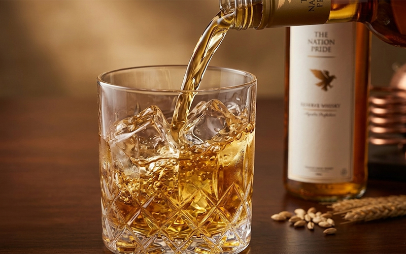 The Nation Pride whisky best whisky under 2000 with glass and golden liquid