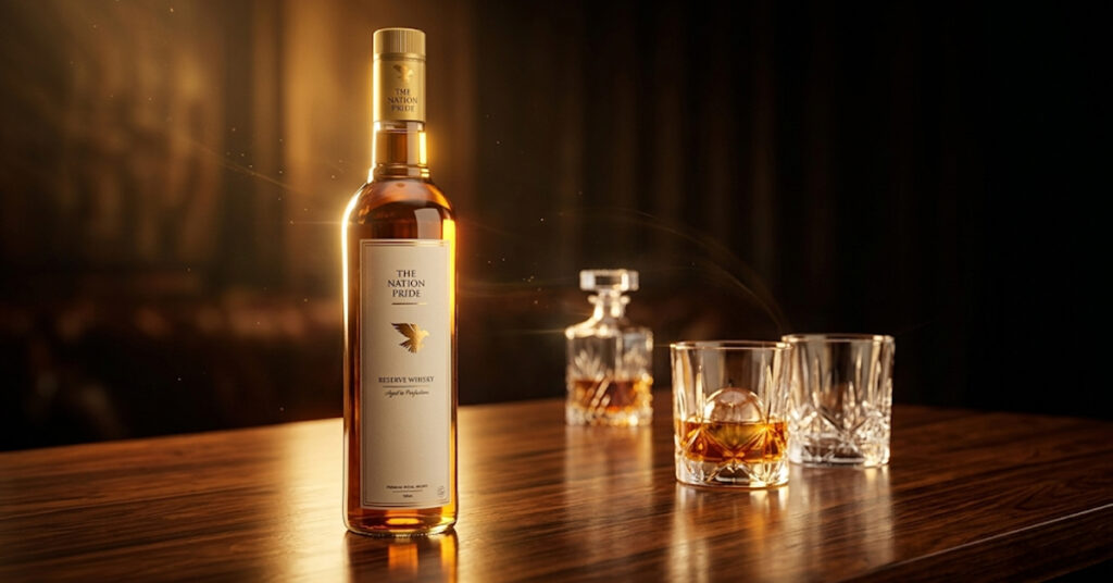 Top 10 whisky list featuring The Nation Pride Whisky with premium bottle and glass