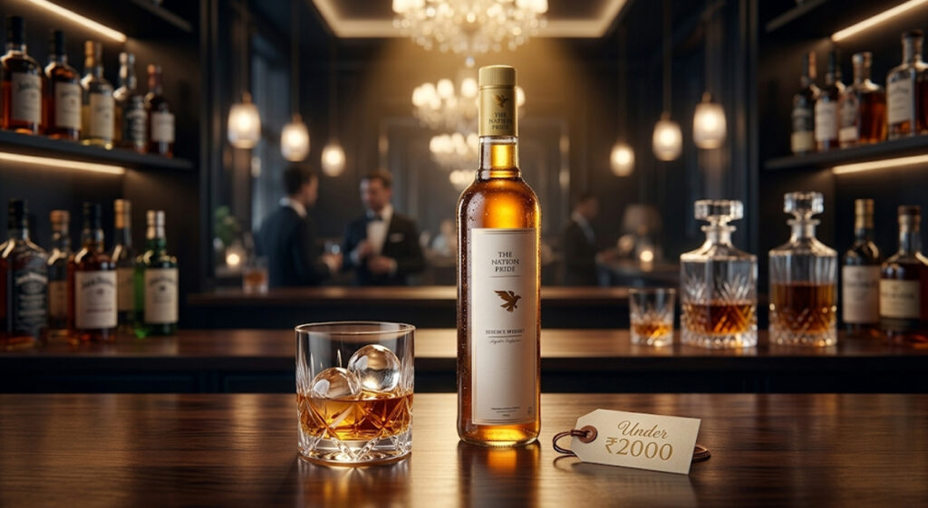 The Nation Pride whisky best whisky under 2000 premium bottle display