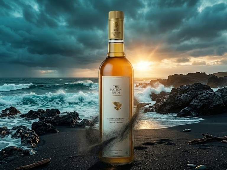 Best whisky bottle placed on wooden bar counter