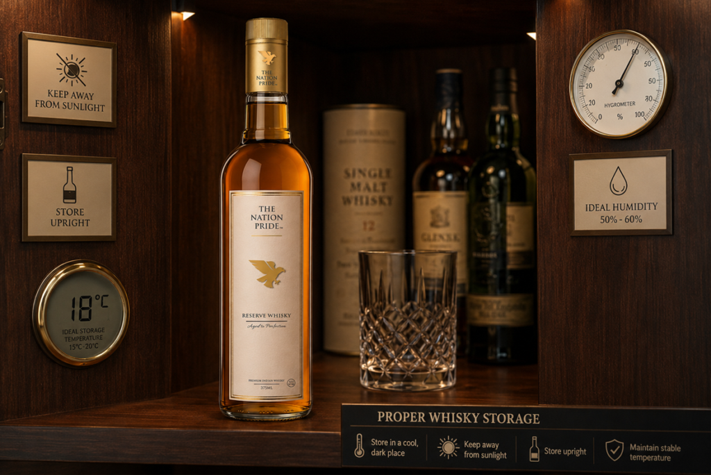 The Nation Pride Whisky bottle showing the right way to store whisky at home for long-lasting freshness