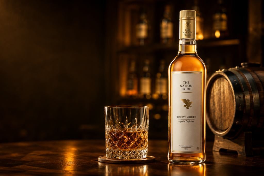 Premium whisky brand bottle displayed on a wooden table with a whisky glass