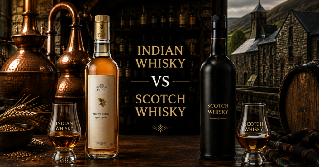 Indian Whisky vs Scotch comparison with whisky glasses